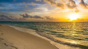 Une plage avec un coucher de soleil sur l’océan.