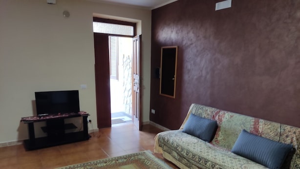 Un salon avec un canapé, un téléviseur et un tapis à motifs.
