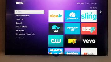 A Roku TV interface with various streaming channel logos.