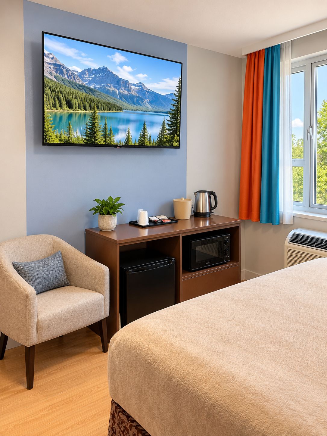Habitación de hotel con cama, escritorio con computadora, una silla, televisor montado en la pared y ventana con cortinas.