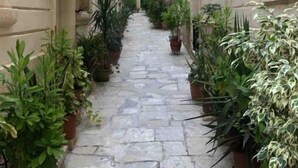 Un estrecho callejón empedrado flanqueado por edificios con plantas en macetas e iluminación exterior.