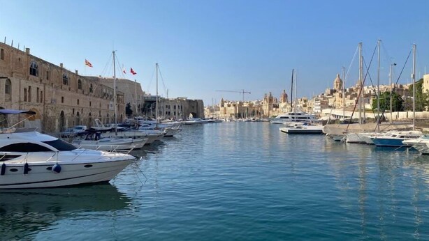 Un puerto deportivo con barcos amarrados, cielo despejado y edificios históricos al fondo.