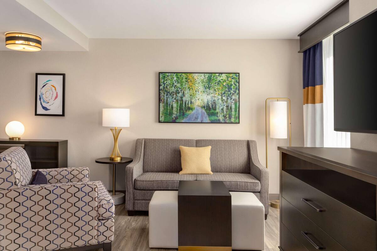 Une chambre d’hôtel moderne avec un canapé gris, un lit à motifs, un téléviseur à écran plat et un tableau représentant un sentier forestier.