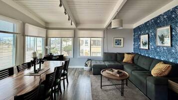 Smart TV, fireplace, books