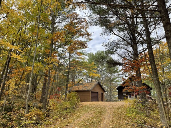 A cabin surrounded by a forest with autumn foliage.