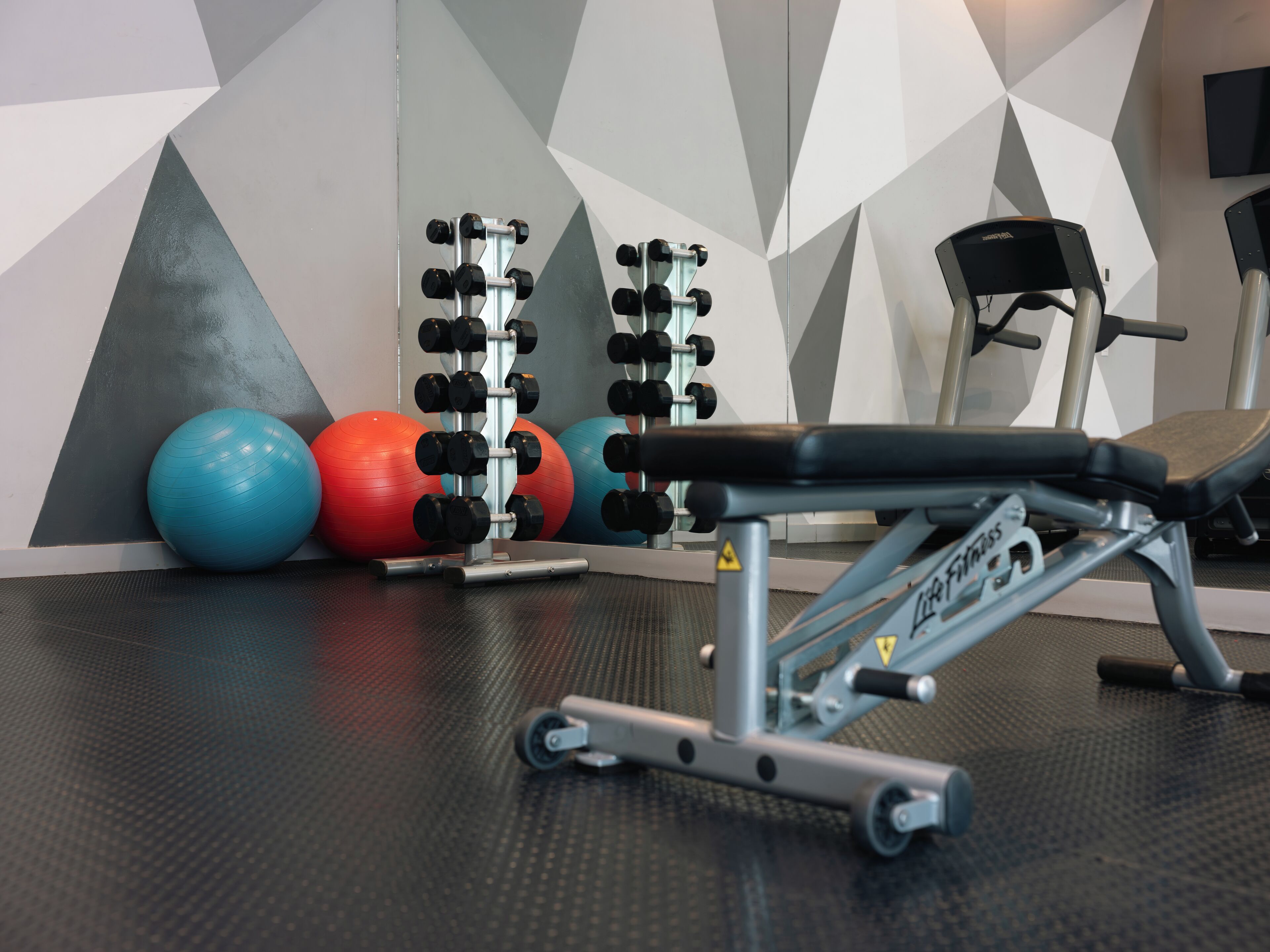 Un gimnasio con equipo de ejercicio, incluyendo una banca, mancuernas y pelotas de gimnasia.