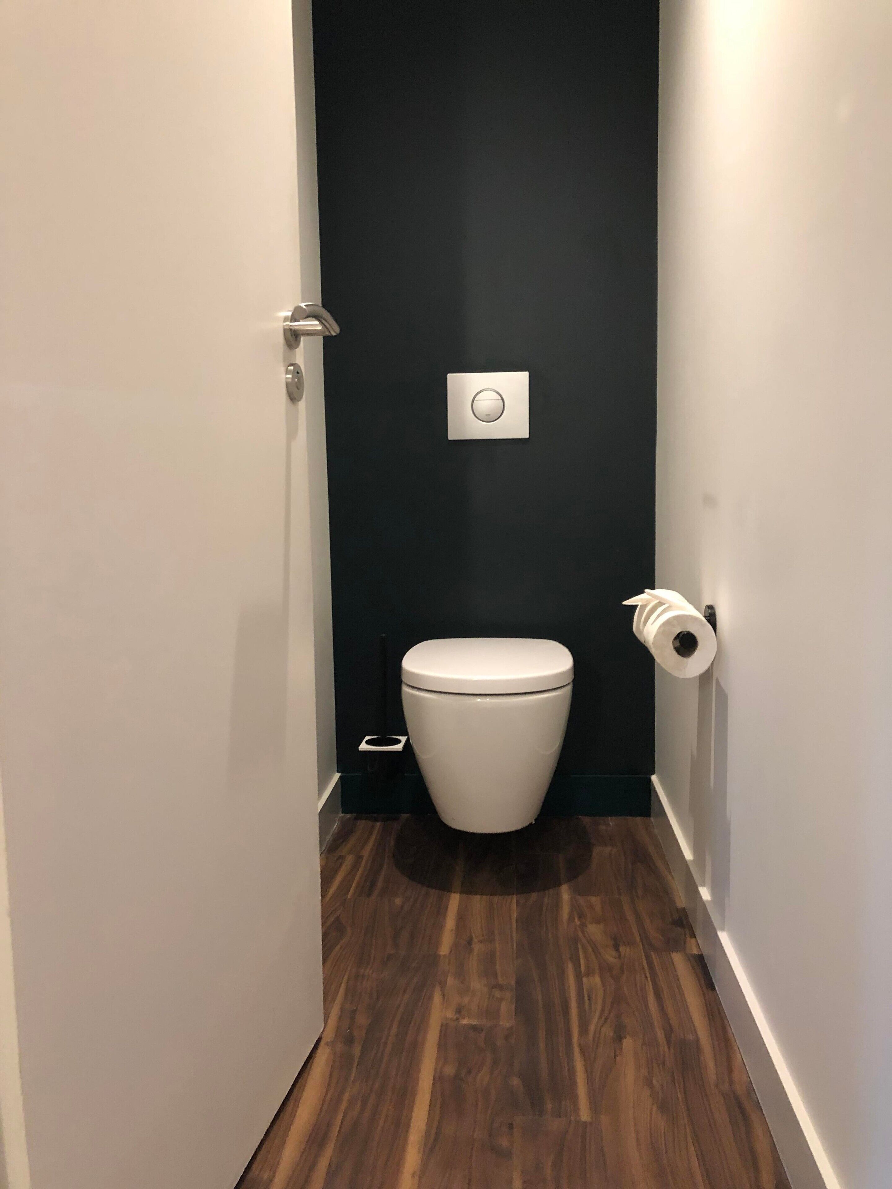 A narrow hallway leading to a white toilet with a black wall and a flush handle on the right.