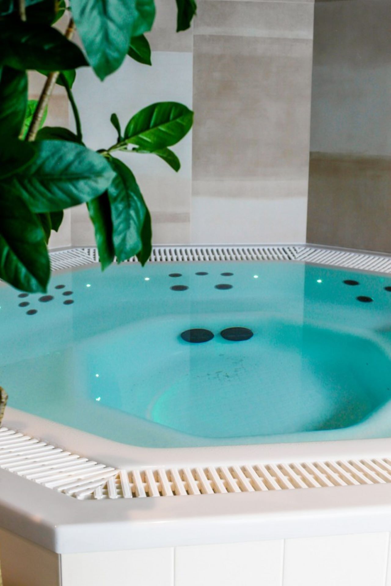 Een hottub met een witte buitenkant en een betegelde binnenkant.