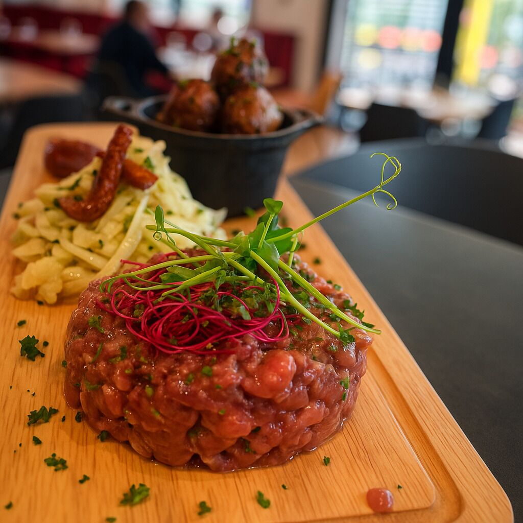 A wooden board with a dish of steak tartare, accompanied by fries and a small bowl of meatballs.