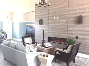 Smart TV, fireplace, books