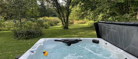 A hot tub with a duck float, surrounded by lush greenery and trees.