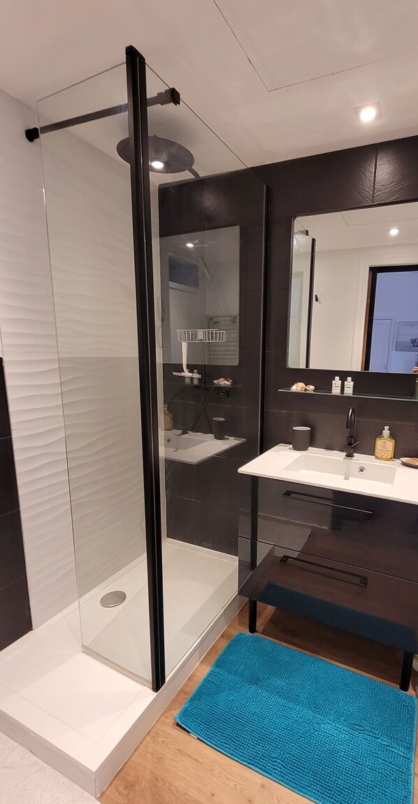 Dusche, Haartrockner, Seife, Toilettenpapier