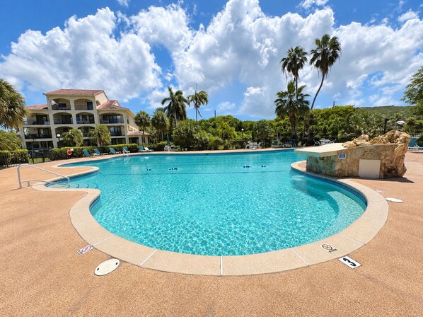 A swimming pool with a clear blue water, surrounded by lounge chairs and palm trees, with a building in the background.