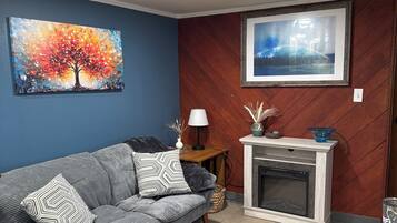 Smart TV, lareira, DVD player, livros