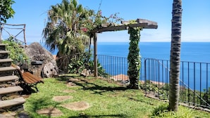 A garden with a wooden bench, stone steps, and a pergola covered in ivy.