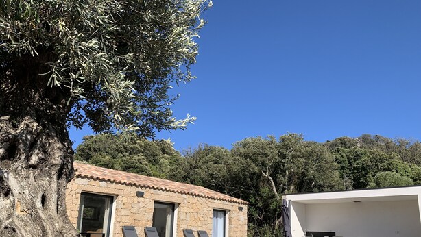 Eine Villa mit Swimmingpool, Sitzgelegenheit im Freien und einem Steinhaus.