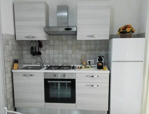 Eine moderne Küche mit grauen Schränken, einem Gasherd, einem Backofen, einer Spüle und einem weißen Kühlschrank.
