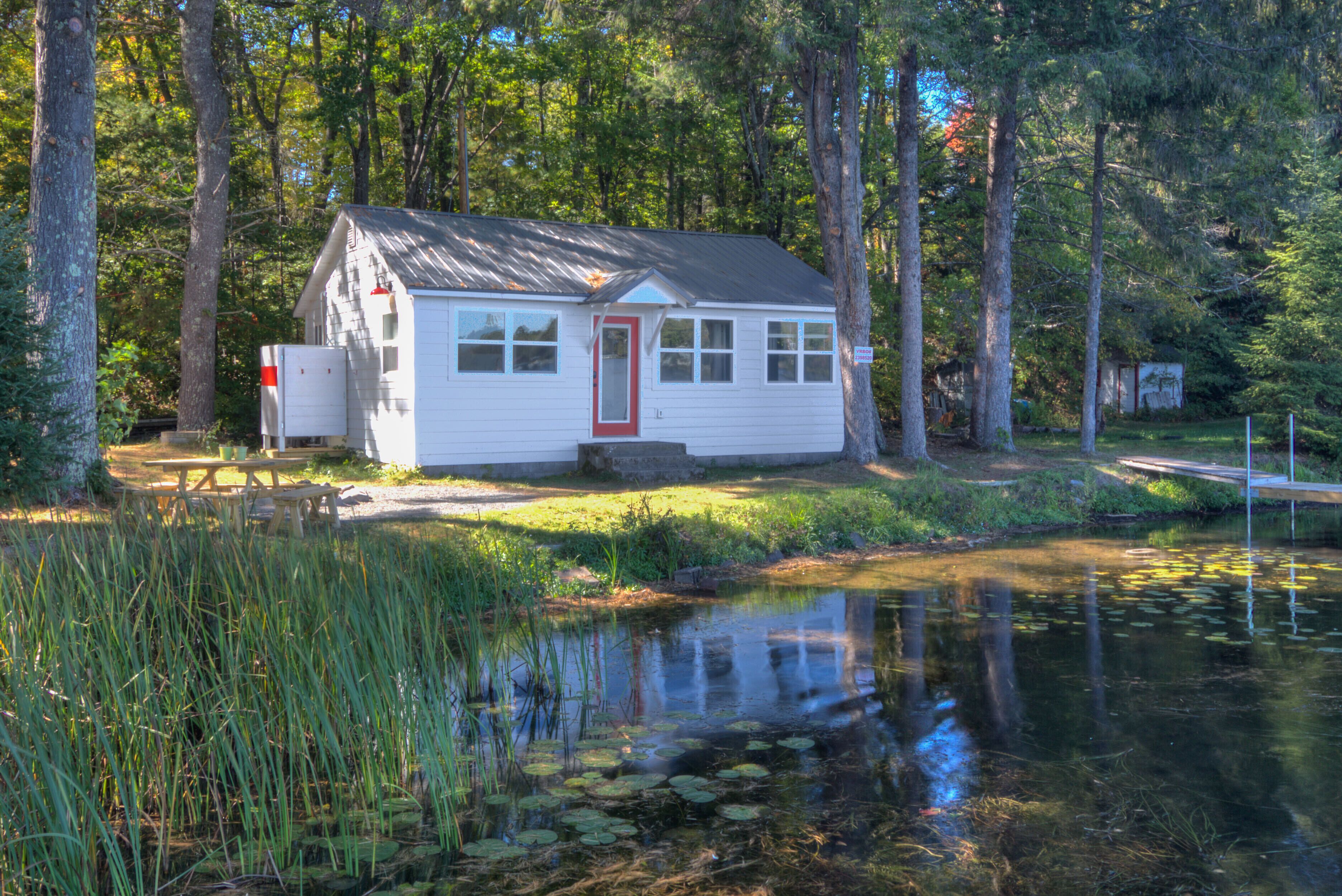 A small cabin with a red door, surrounded by tall trees and a pond with lily pads.