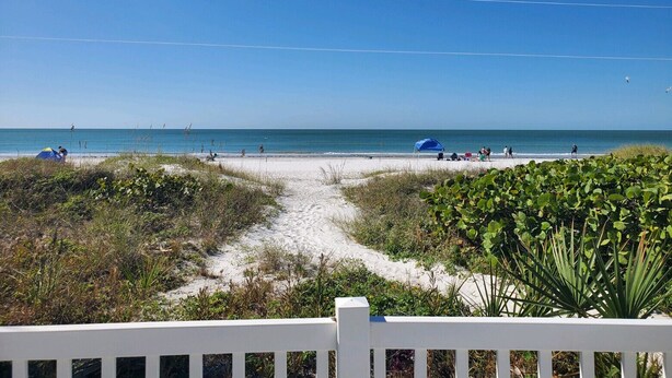 A beach with a clear sky, sandy path leading to the water, and some vegetation.