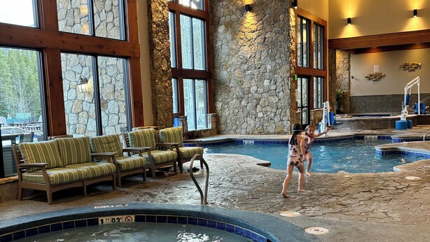 Una piscina interior con un delfín, paredes de piedra y una zona de estar con sillas.