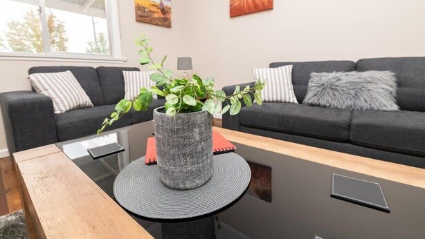 A modern living room with a dark grey sofa, a round coffee table with a grey rug, and a potted plant. - Kinross on Cox • Cosy Retreat • Opposite KWS (Orange)