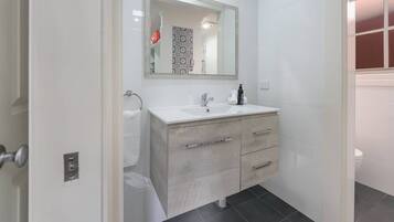 Shower, hair dryer, heated floors, towels