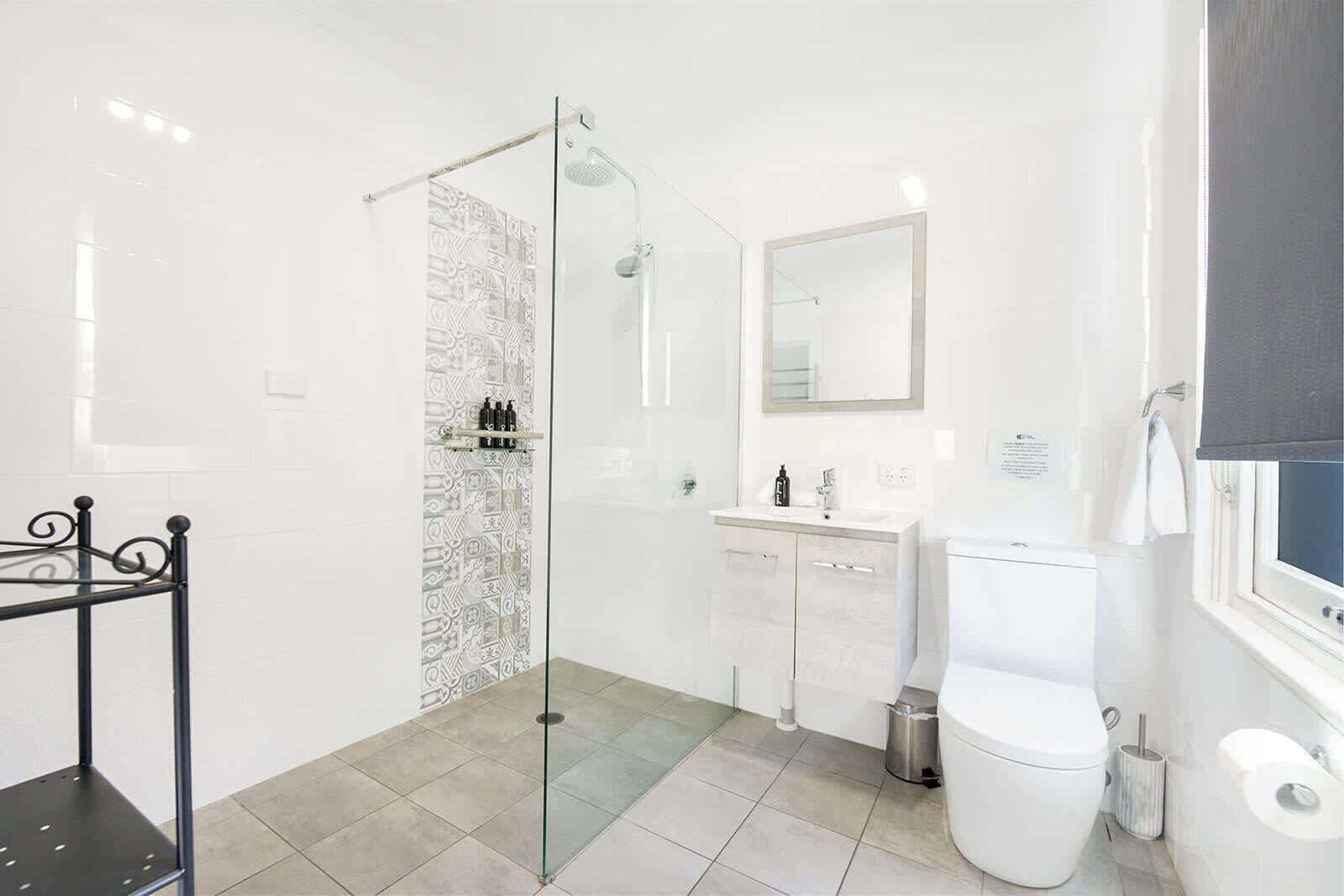 Shower, hair dryer, heated floors, shampoo