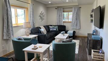 TV connectée, cheminée, livres, médiathÚque