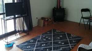 Uma sala de estar com televisão sobre um suporte, lareira, sofá e um tapete estampado.