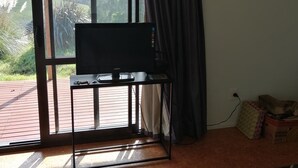 Quarto com televisão sobre suporte, porta de vidro deslizante para um deck, comedouro azul para animais de estimação e tapete estampado.