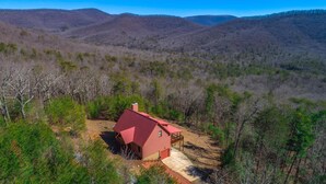 A red house with a metal roof surrounded by dense forest and hills. - A perfect mountain view getaway (Ellijay)