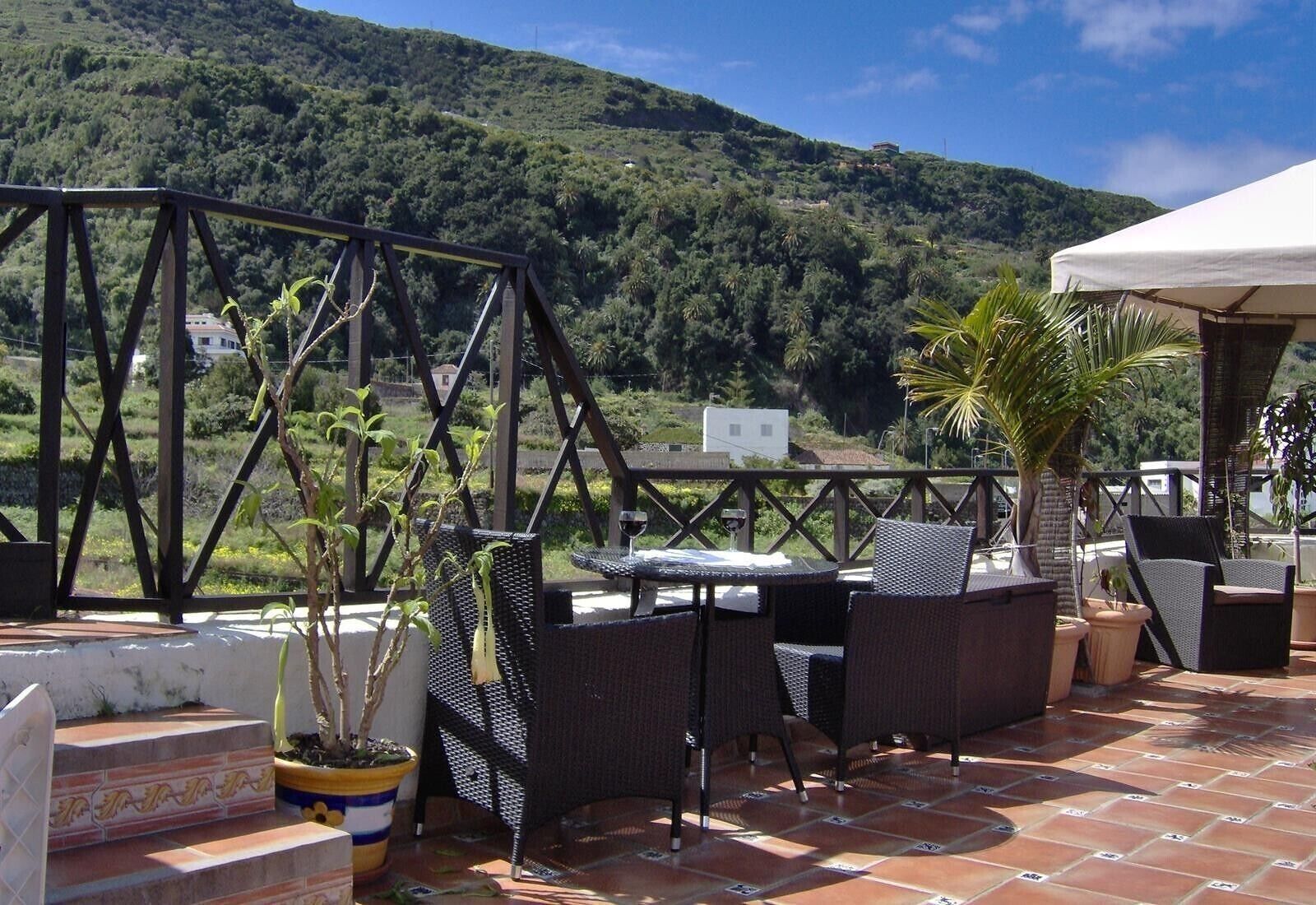 An outdoor patio with wicker furniture, a table, and potted plants.
