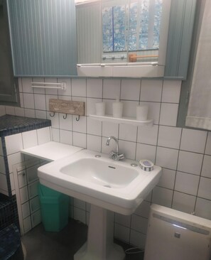 Ein Badezimmer mit einem weißen Waschbecken, einem Spiegel und einer Toilette. Ein grüner Mülleimer und ein Handtuchhalter sind ebenfalls vorhanden.