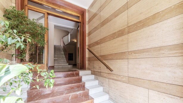 A staircase with marble steps leading to a wooden door, a potted plant, and a wall with horizontal wooden panels. - Roomy and Bright Apartment With Terrace (Roma)
