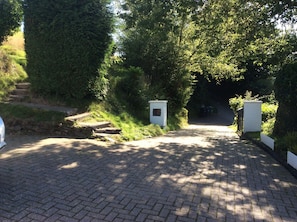 Stroll through a serene, lush area surrounded by dense foliage and a controlled access path.