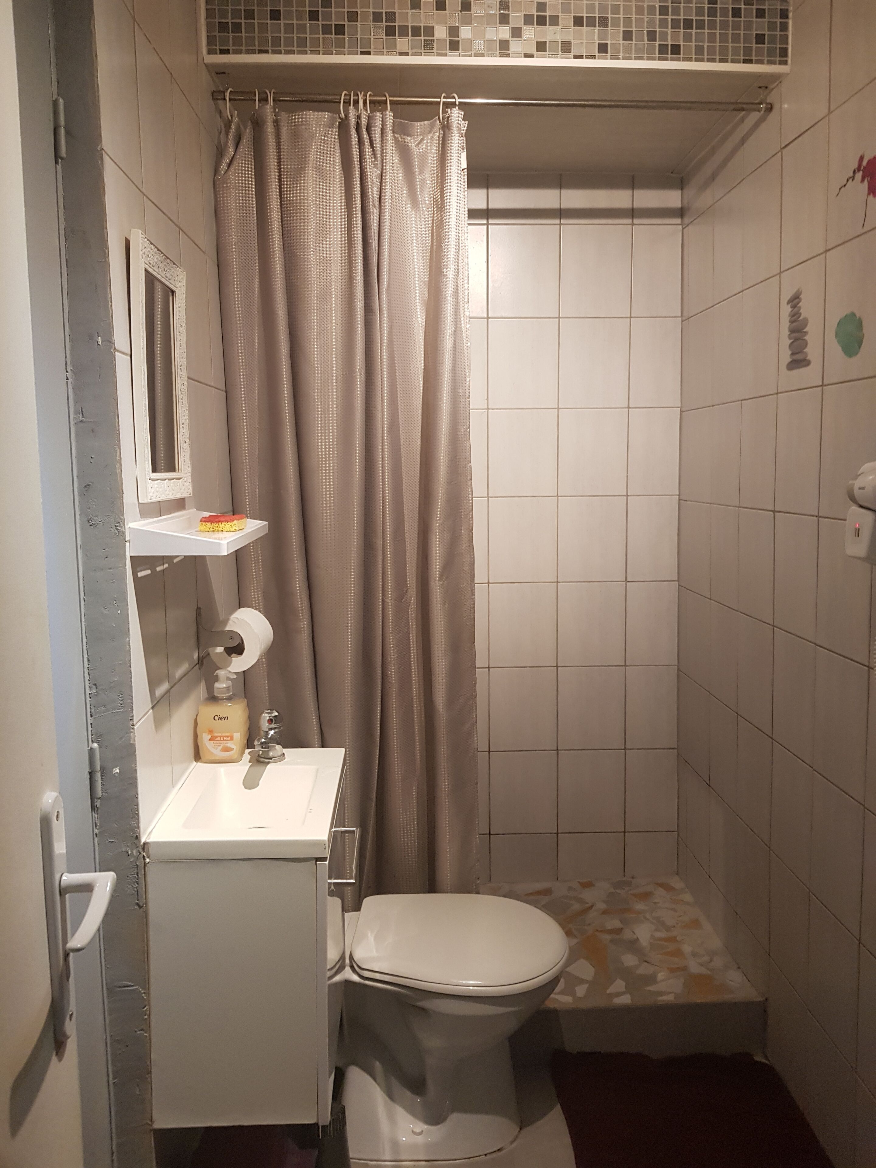 Hair dryer, towels, toilet paper