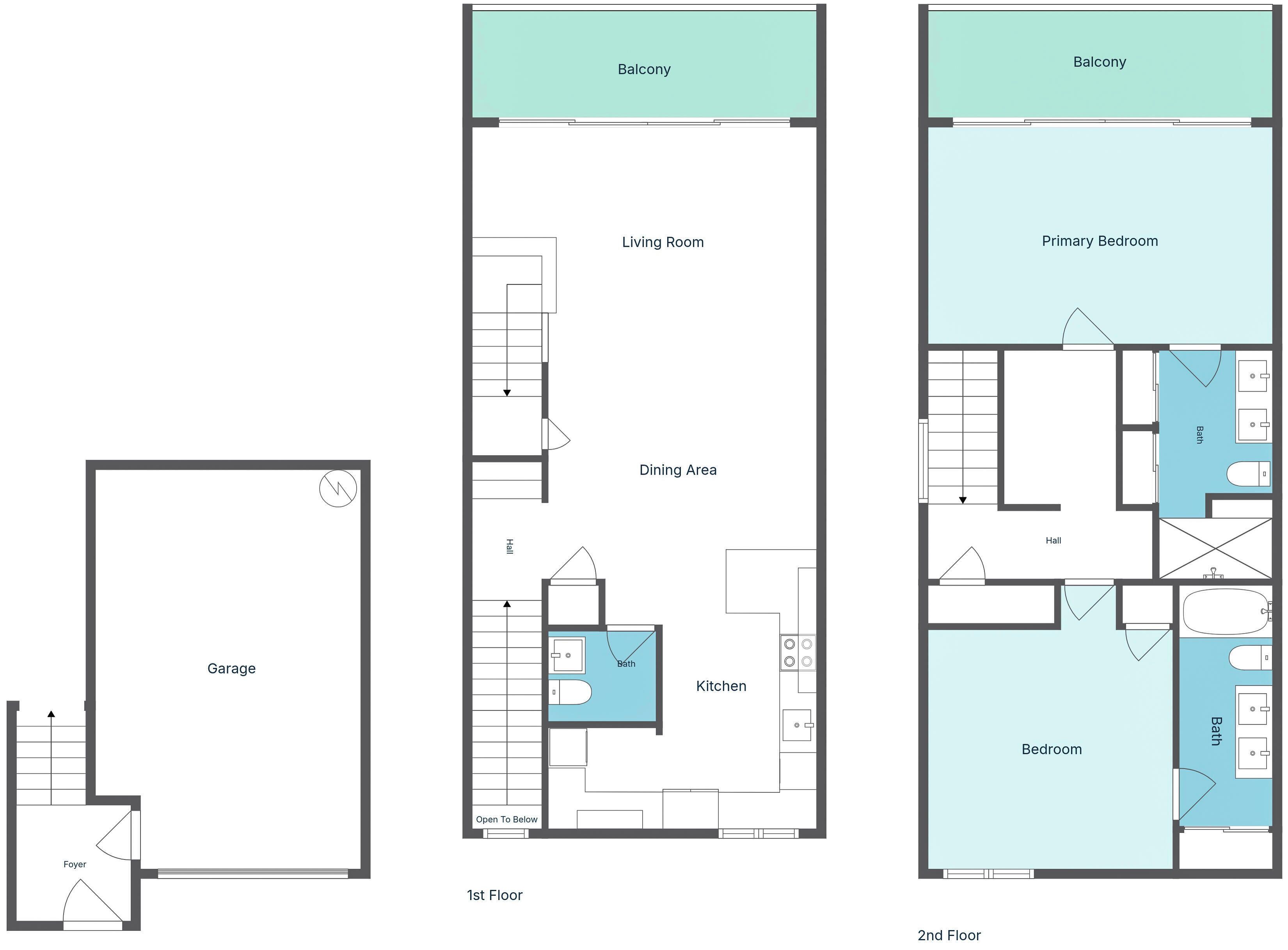 A 1st floor layout with a living room, dining area, kitchen, and balcony. The 2nd floor includes a primary bedroom, bathroom, and another bedroom.