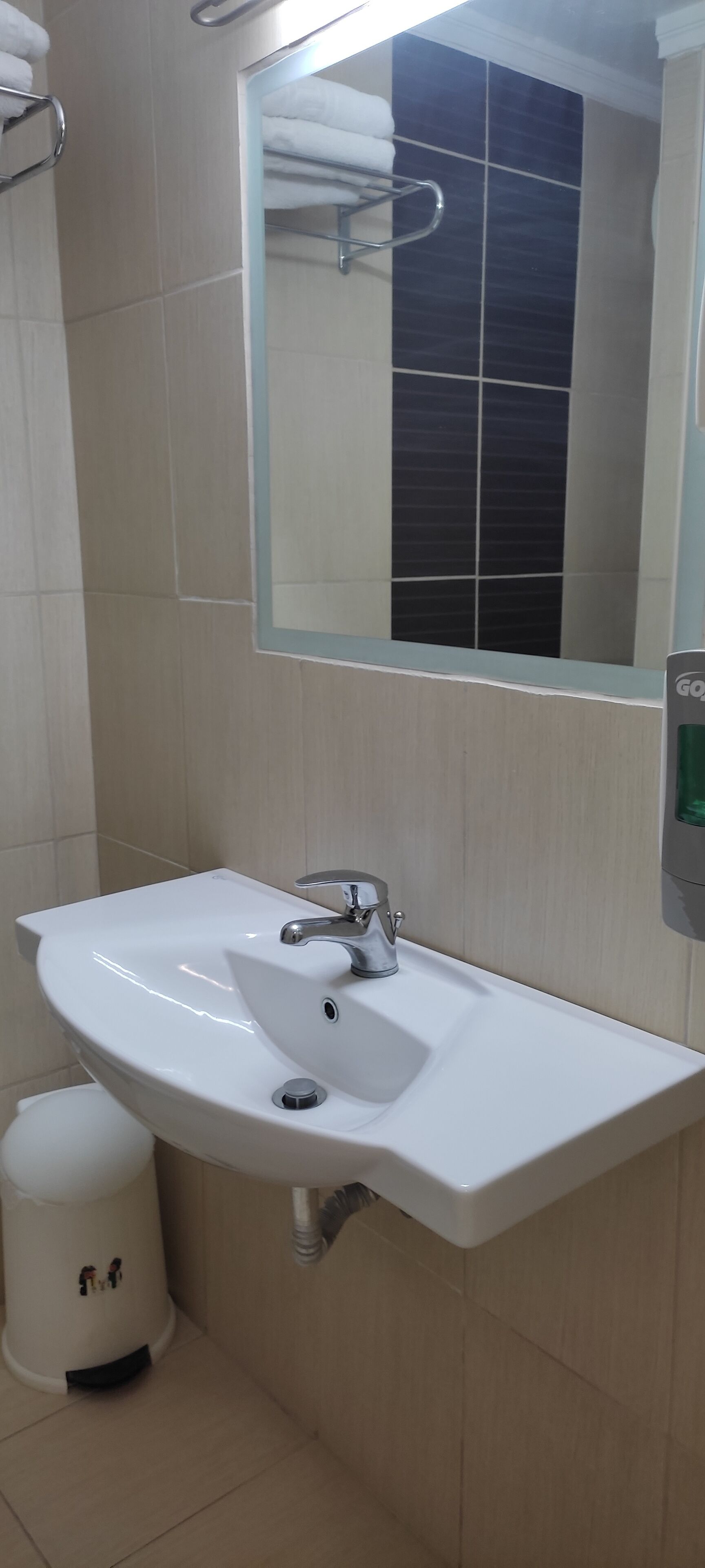 A bathroom with a white sink, a mirror, and a towel rack.