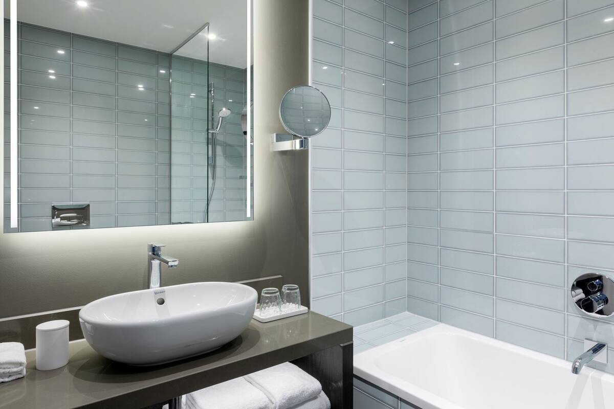 deluxe room, 1 king bed, non smoking, city view | bathroom | free toiletries, hair dryer, bathrobes, towels