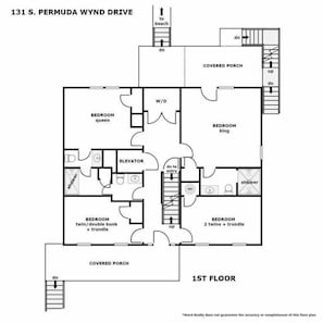 A 1st floor floor plan of a house at 131 S. Permuda Wyndham Drive, featuring a covered porch, two bedrooms (queen and king), a bathroom with a shower, an elevator, and a double bunk bedroom. - Sweetwater Landing  - Amazing 5BR, Oceanfront Home with Comm. Pool! (North Topsail Beach)