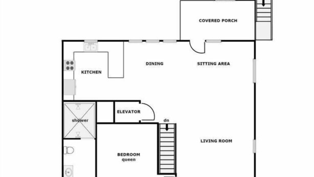 En planritning över ett hus med en inglasad veranda, kök, matplats, sällskapsrum, vardagsrum och sovrum med en dubbelsäng.