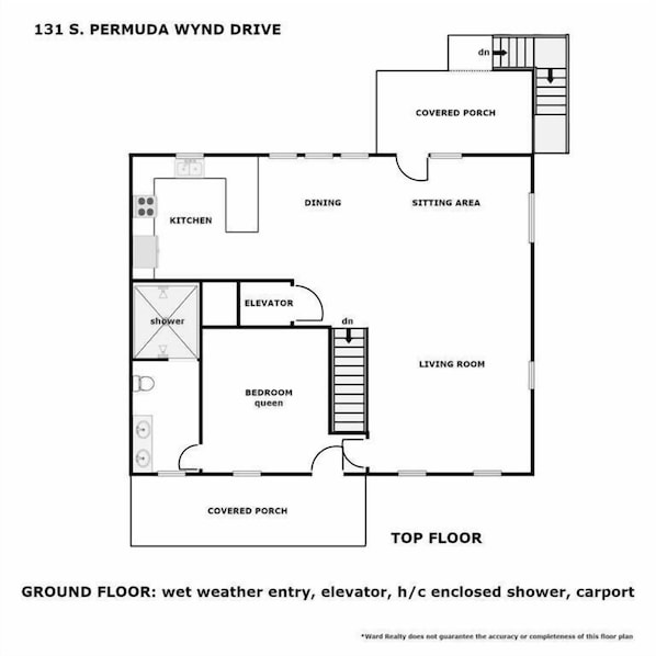 A floor plan of a house with a covered porch, kitchen, dining area, sitting area, living room, and bedroom queen. - Sweetwater Landing  - Amazing 5BR, Oceanfront Home with Comm. Pool! (North Topsail Beach)