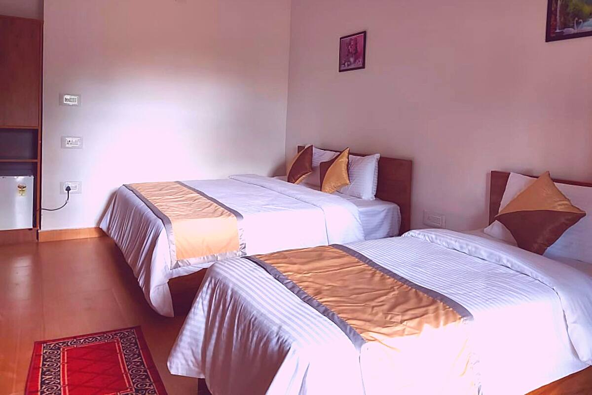 Une chambre d’hôtel avec deux lits, un tapis rouge à motifs et un tableau accroché au mur.