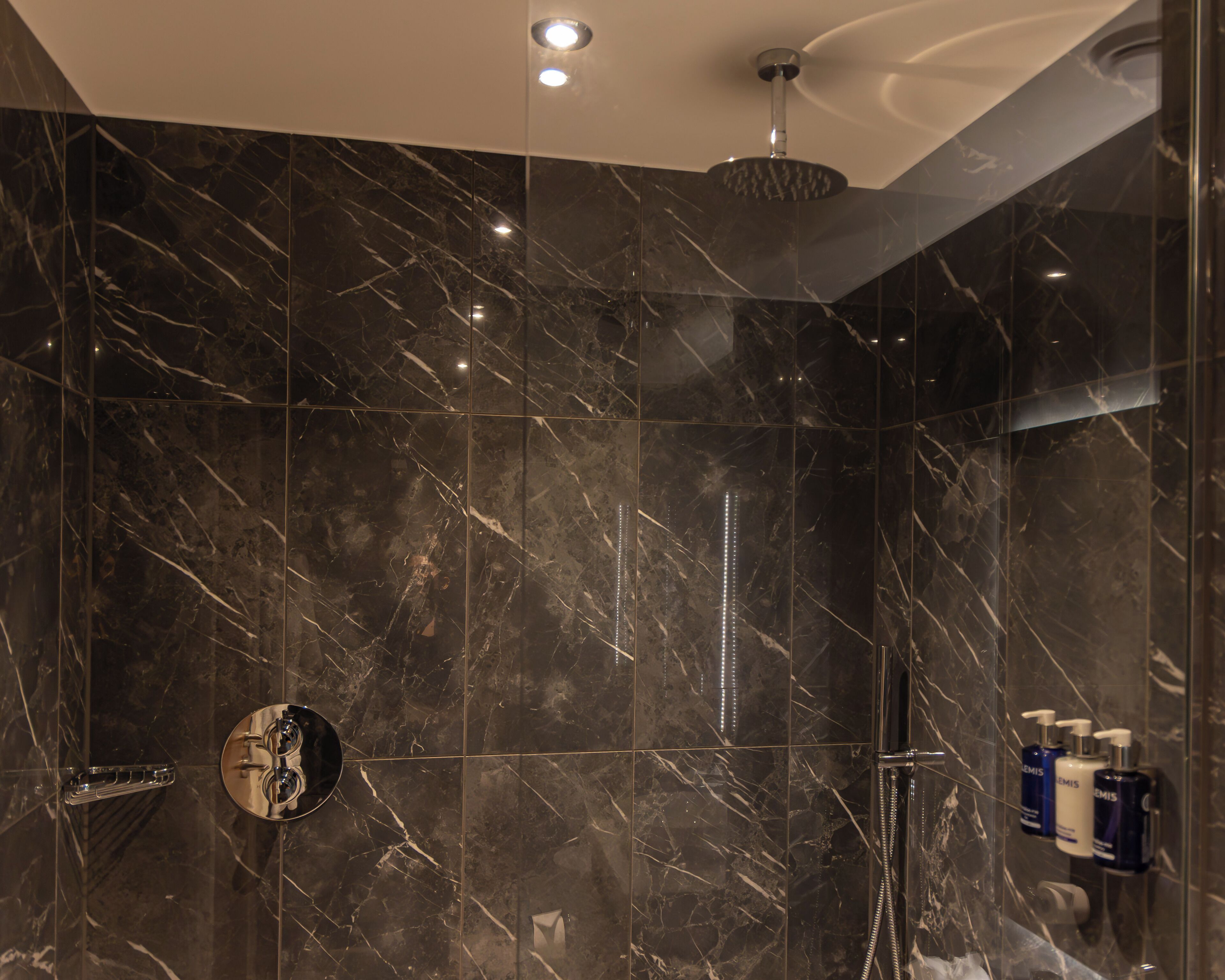 Une salle de bain moderne avec des carreaux de marbre foncé, une douchette à main et une cabine de douche en verre.