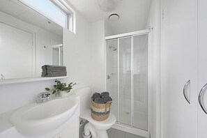 Shower, hair dryer, towels