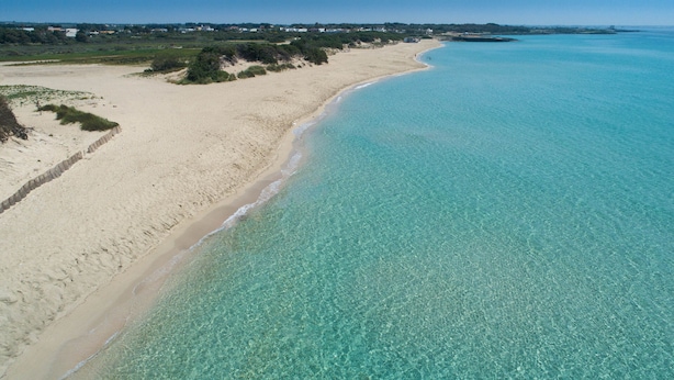 Ein Strand mit klarem türkisblauem Wasser und Sandküste.