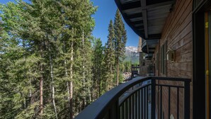 A balcony with a view of tall pine trees and a mountain in the background. - Spacious 1 BDR Mountain Village Condo (Mountain Village)