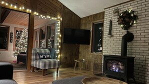 A cozy living room with a fireplace, a television mounted on the wall, and a Christmas tree. - Lakefront home with 3 bedrooms, 2 baths, great for groups up to 10 (Shelbyville)