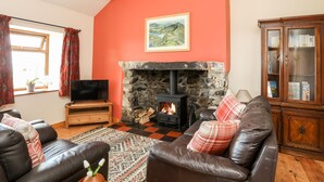 A cozy living room with a stone fireplace, leather sofas, a television, and a wooden cabinet. - Penrallt Fawr (Caernarfon)