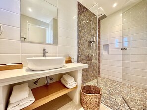 Shower, hair dryer, towels
